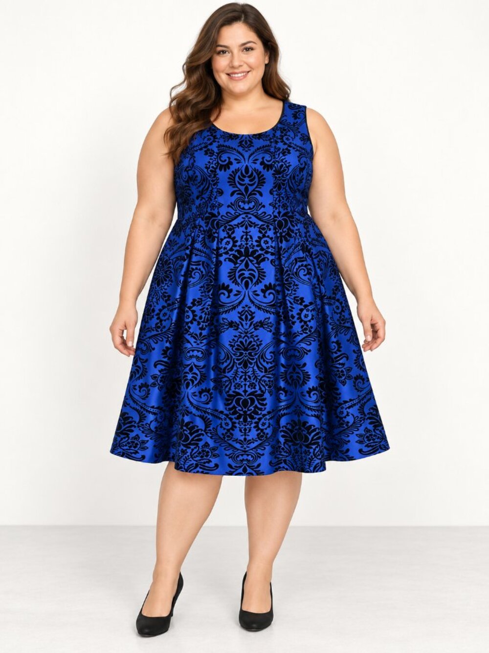 Gabby Skye NWT Plus Size 24W Blue Black Velvet Damask Fit Flare Dress
